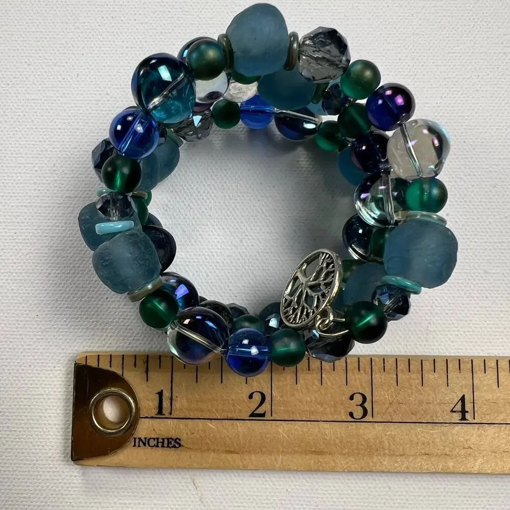 Handmade Beaded Coil Bracelet Sea Glass Blue Green Glass Beads Tree Charms